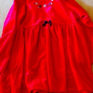 The red velvet dress with flowers in the front and a little black bowl